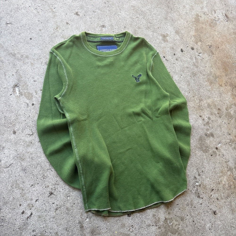 American Eagle Outfitters Mens Small Green Waffle Knit Thermal Shirt Vintage Fit